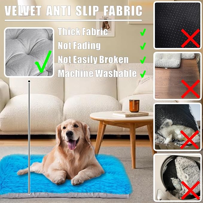 Machine Washable Dog Bed, Deluxe Plush Dog Crate Pad and Cat Bed, Anti-Slip Bottom Kennel Pad Mat, Fuzzy Pet Beds for Large, Medium, Small Dogs Breeds (Azure Blue, 36.0"L x 24.0"W x 3.0"Th x 1 Pack)