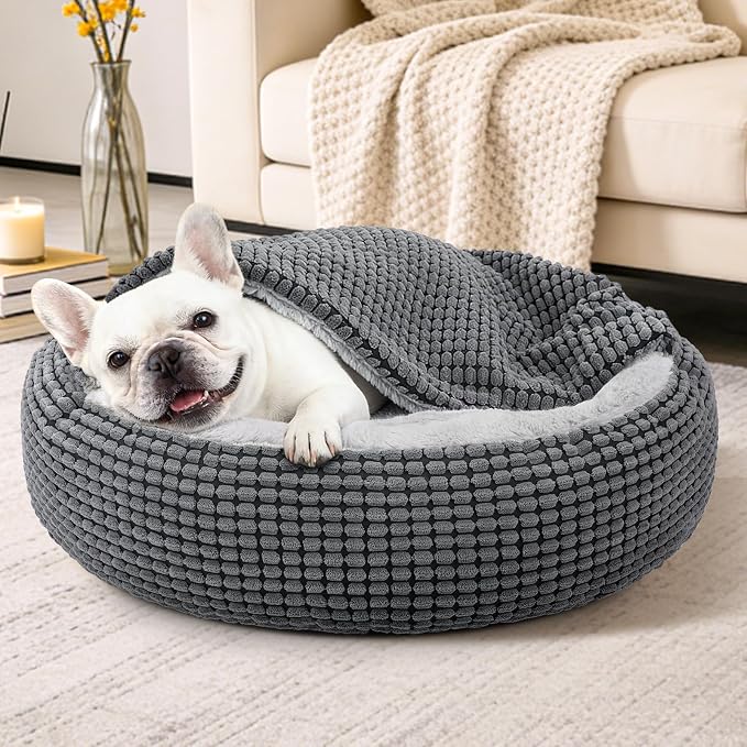 Dog Bed with Attached Blanket for Small Dogs or Cats, Soft Plush Cozy Donut Cuddler Hooded Pet Beds Washable. Round Puppy Bed Orthopedic, Calming Cat Cave Bed. Anti-Slip Bottom 26inch