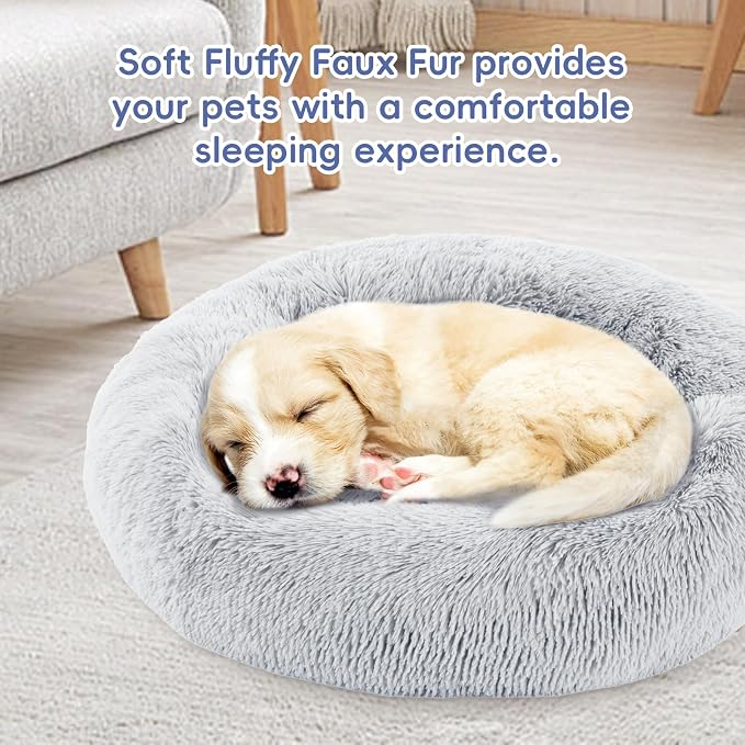 FluffyDream 20 inch Round Donut Bed, Plush Fur Cuddle Bed for Dogs and Cats, Grey, Washable