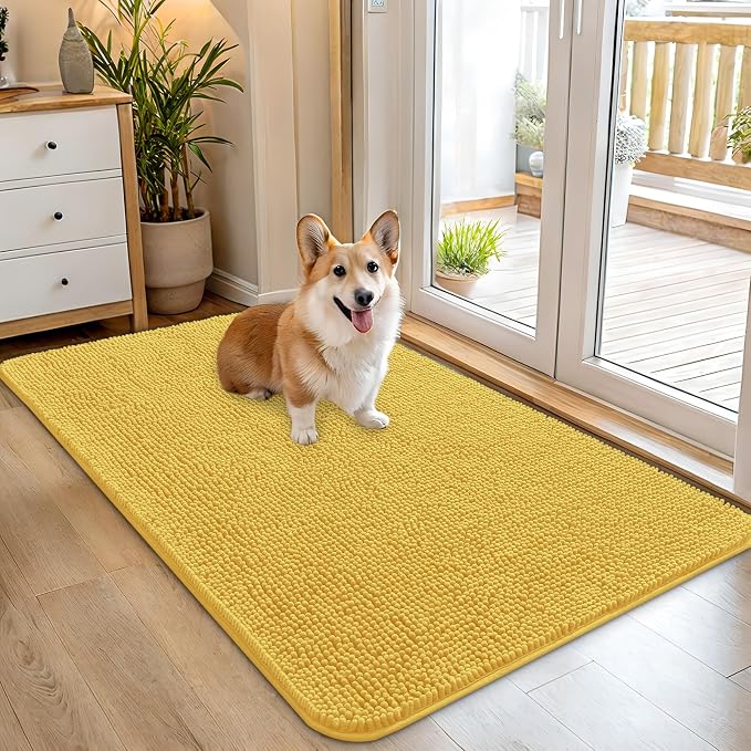 OLANLY Dog Door Mat for Muddy Paws 45x27, Super Absorbent Chenille Mud Mat | Yellow, Absorbs Moisture and Dirt, Non-Slip Machine Washable Doormat, Quick-Drying Indoor Entryway Floor Carpet for Dogs