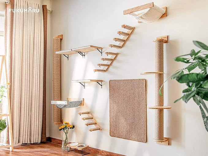 FUKUMARU Cat Wall Shelves, 17 x 10 Inch Cat Walls Furniture with Sisal Mat, Solid Rubber Wood Floating Shelf with Upgraded Installation, Kitten Wall Tree for Sleeping, Playing and Scratching