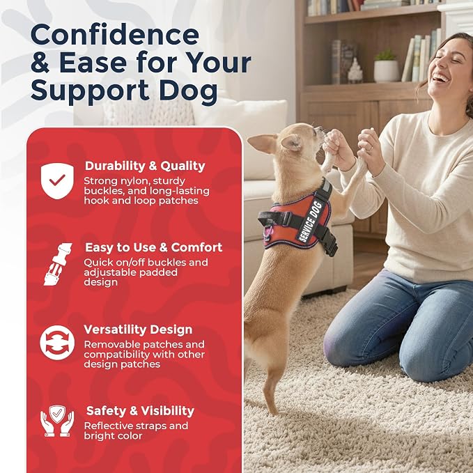 Industrial Puppy Service Dog Vest Harness - Durable & Adjustable Vest for Dog with Reflective Straps, Removable Patches, 50 ADA Cards, Handle & D-Ring, Travel and Daily Use,Bright Red, XS 16.5"-21.5"