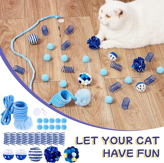 Geila Interactive Cat Toys Bundle – 31 Piece Kitten Cat Toy Set with Door Hanging Teaser, Bell, Fuzzy Balls, Springs, Teething Stick & Catnip Mouse – Fun Indoor Play for Cats & Kittens (Blue)