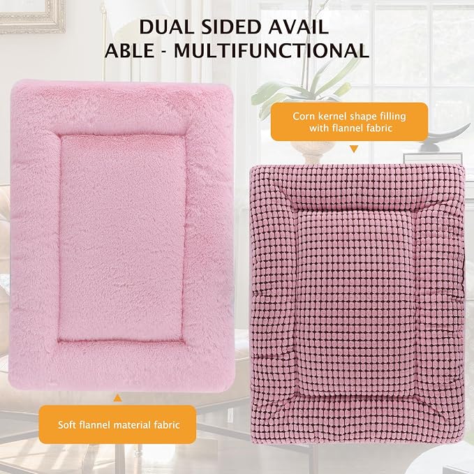 Reversible Dog Bed Mat with Plush and Corn Velvet,Soft Warm Pet Cushion, Dual Purpose Washable Sleeping Mattress Bed for Small Medium Large Dog and Cat XB004 (48"*30", Pink)