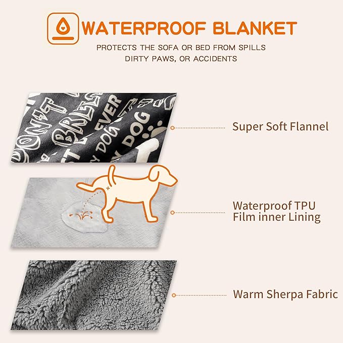 Waterproof Dog Blankets Pet Blanket 60"x80", Soft Fluffy Sofa Car Bed Protector, Reversible Sherpa Fleece Dog Blanket for Large Dogs(Letters)