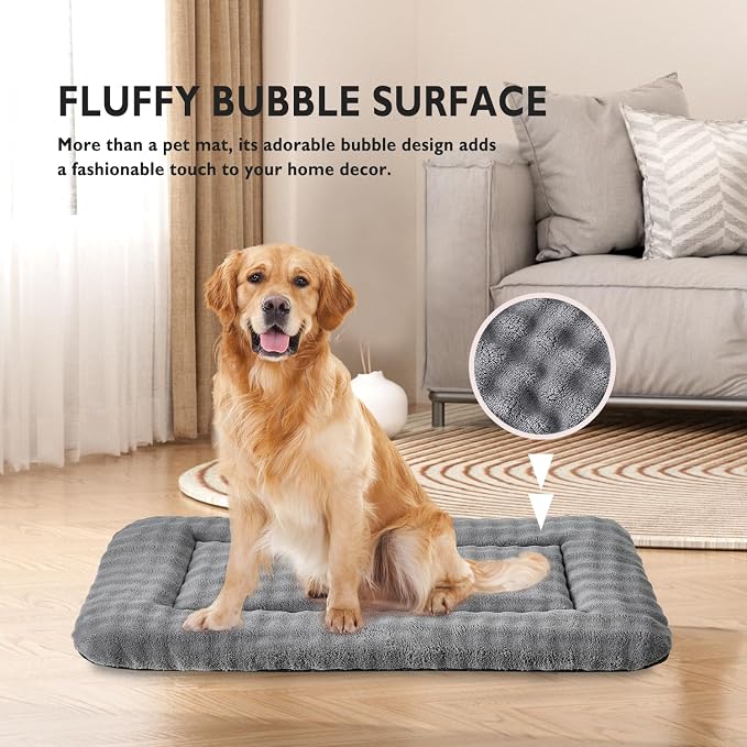 Dog Bed Mat Crate Pad for Large Dogs, Grey, 42"x 28" | Washable Soft Pet Sleeping Mat, Anti-Slip Kennel Pad with 3D Bubble Pattern