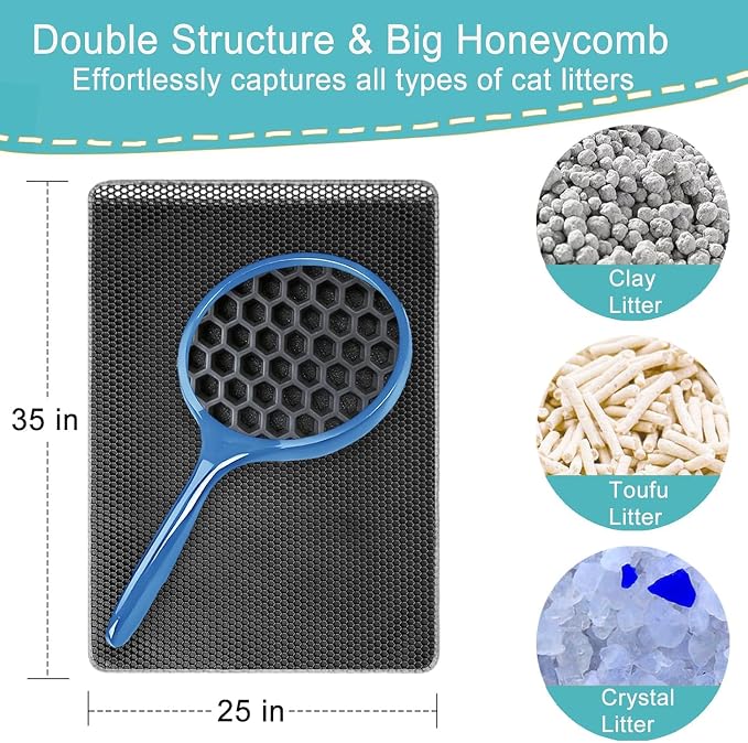 Litter Box Mat, 25x35in 2-Pack, Cat Litter Trapping Mat for Litter Boxes | 2-Layer Honeycomb Litter Catching Mat, BPA-Free, Waterproof & Urine-Proof Cat Mats, Less Mess, Easy Lift & Pour, Gray
