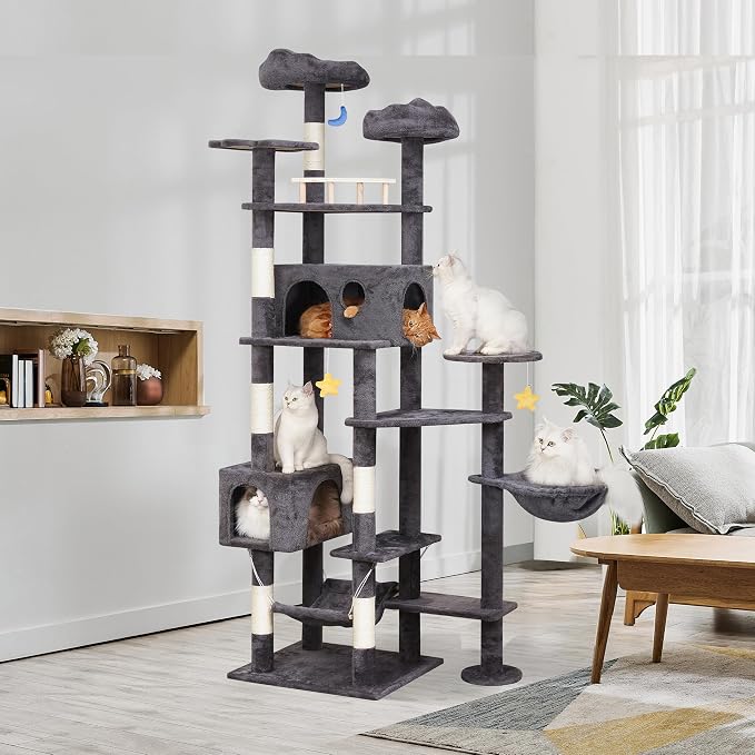 Meecal Cat Tree, 79in Giant Tower for Indoor Cats Large Adult, Smoky Gray | Heavy Duty Cat Trees with Scratching Post, 2 Cat Condos, Hammocks, Perches, Hanging Toys for Multiple Maine Coon, Big Cats