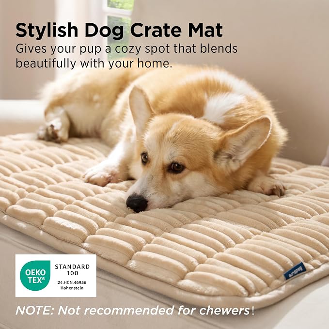 Bedsure ComfyFleece™ Washable Dog Crate Pad,Soft Fluffy Medium Pet Mat,30" | Thin Kennel Pad for Crates Topper,Flat Corduroy Fleece Pads for Dog Cages,Nonslip Bottom,Not Chewproof,Sandy Beige