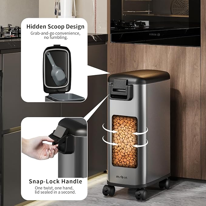 MRBIN Pet Food Bin 20 LB / 15 LB, Dog Food Storage Bin 20L with Scoop Airtight Pet Food Container Stainless Steel Large Containers with Wheels, Eclipse Grey