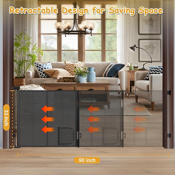 Reinforced 90” Extra Wide Retractable Pet Gate with Cat Door 33 Inch Tall Mesh Baby Gate Retractable Dog Gates for Doorways Extra Wide Baby Gates for Large Openings with Reinforced Strips, Black