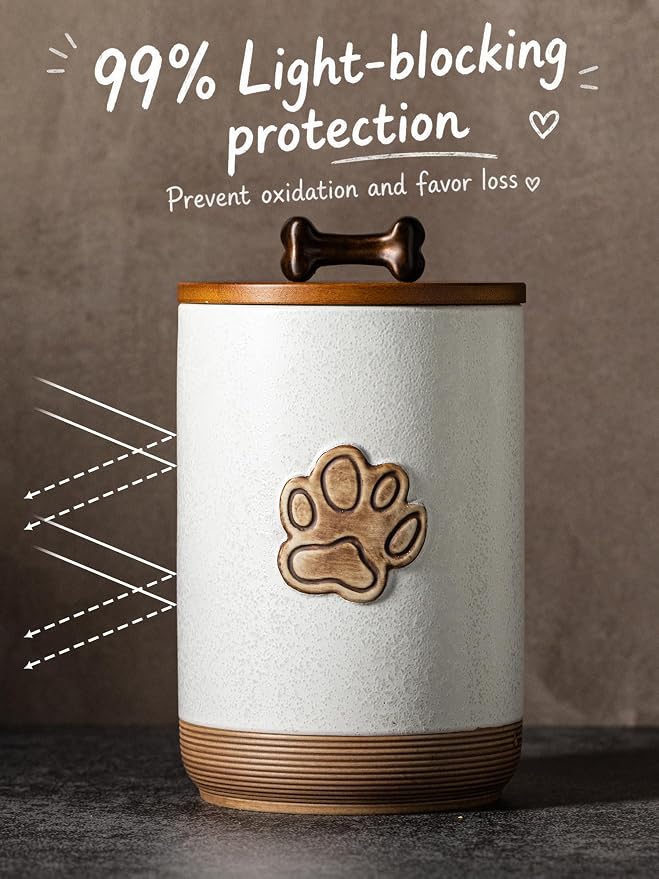 Miamolo Dog Treat Container, Airtight Dog Food Storage Container with Lid and Handle, Ceramic Pet Food Storage Jar for Kitchen Counter Farmhouse Dog Biscuit Jar, Dog Lovers Gift, Paw Glinting White