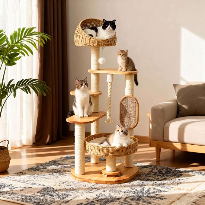 50 in Wooden Cat Tree for Indoor Cat, Large Cat Tower | Multi-Level Cat Condo,Modern Tall Design, with Scratching Post, with Hand-Woven Cat Bed, for Medium Size Cat, Easy to Clean