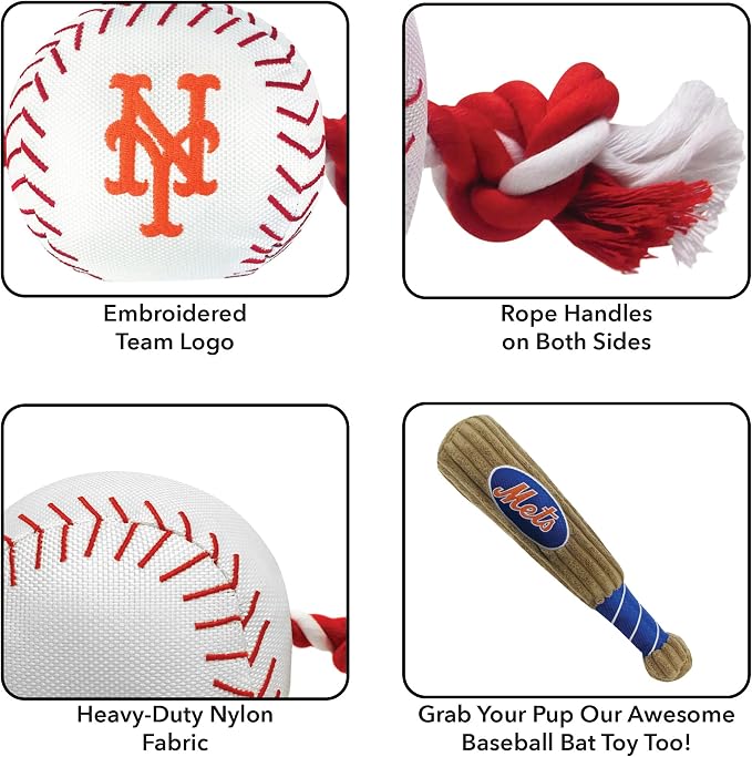 Pets First Baseball Rope Toy for DOGS & CATS. Tough nylon, Sporty Baseball Design, Heavy-duty ropes with Inner SQUEAKER