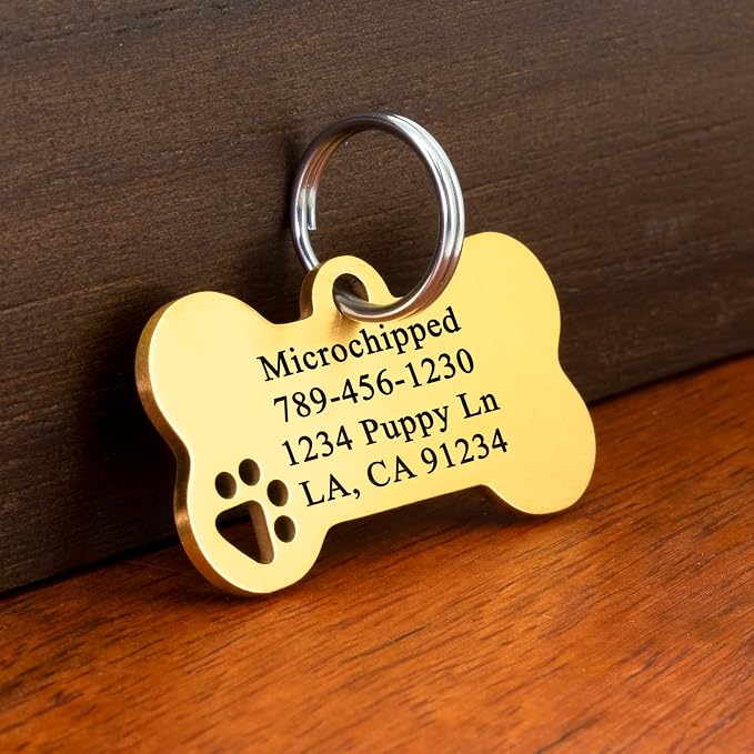 Ultra Joys Dog Tags Personalized for Pets - Hollow Paw Custom Pet ID Tag - Engraved Dog Tag for Small, Large Dogs - Large Bone in Gold