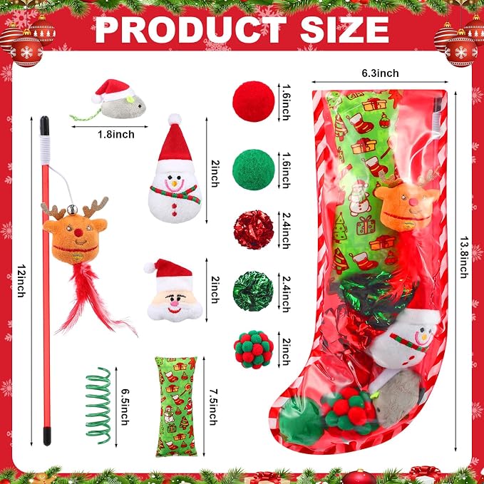 Soulchen 11pcs Christmas Cat Toys Stocking Gift Holiday Catnip Interactive Cats Toy Gift Set with Cat Teasers, Santa, Snowman, Plush Balls, Crinkle Mice, Variety Pack for Cats Pet Stocking Present