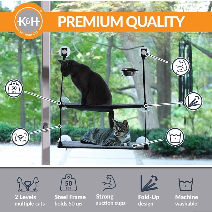K&H Cat Window Perch, EZ Mount Double Stack Kitty Sill For Large Cats, Gray | Sturdy Cat Window Hammock Bed, Fits 27in Wx31in H Glass Spaces, Steel Frame & Suction Cups, 2 Washable Shelf Covers, Foldable