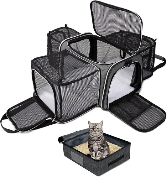 BAGLHER Expandable Cat Carrier with Travel Litter Box, Pet Travel 5 Sides Open Doors 3 Sides, Leak-Proof and Collapsible, for Car, Airplane Trip, Grey