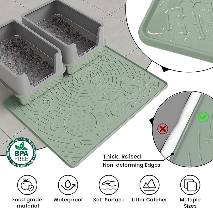 OHMO Large Cat Litter Mat 31.5x23.6" High Raised Edge Silicone, Sage Green | BPA-Free Thickened Rubber, Flexible, Non-Slip Kitty Trapping Mat for Litter Box, Waterproof, Anti Scatter, Easy Clean