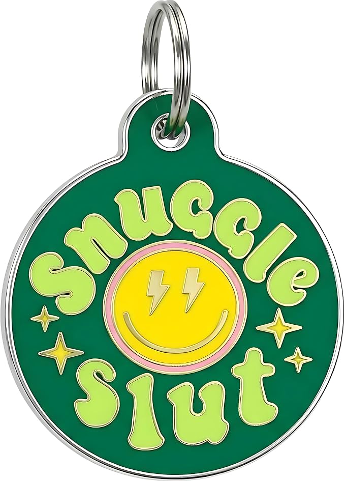 Bad Tags Personalized Dog and Cat ID Tags in 25+ Designs and 2 Sizes - 5 Lines of Custom Engraved Text - Funny Cute Personalized Pet Tags (Snuggle Sl*t - Green, Large (1.25 inch))