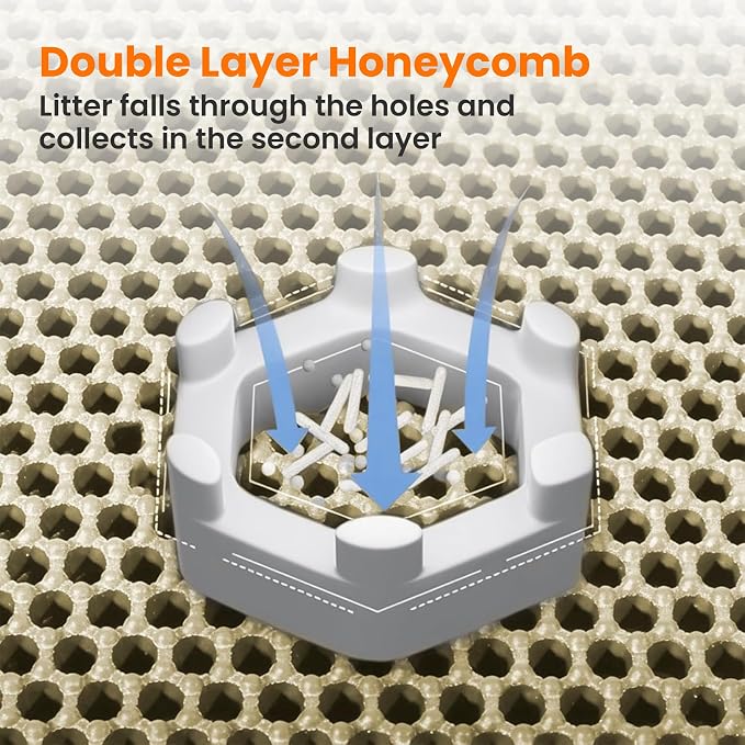 Small Cat Litter Mat, Double Layer Honeycomb Litter Box Mat | 20x14”, Reduces Litter Tracking, Waterproof, Non-Slip, Soft on Paws, Scratch Resistant, Easy to Clean, Beige
