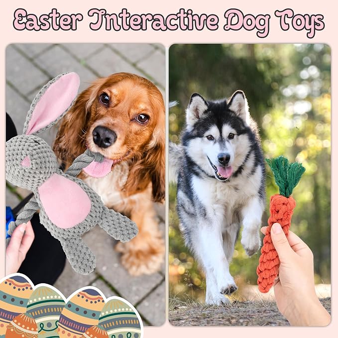 3 Pack Easter Bunny Dog Toys, Easter Squeaky Rabbit & Carrot Dog Gifts for Puppy, Small, Medium, Large Dogs