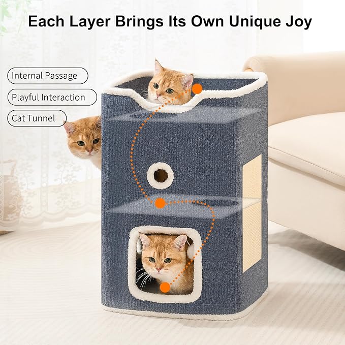 Cat House, Cat Beds for Indoor Cats, 2-Story Cat Condo Cube | Cat Bed Cave with Scratch Pad and Fluffy Ball Hanging, Multi-Level Cozy Hideout Center Ideal for Small/Medium Cats