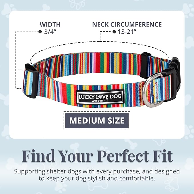 Lucky Love Dog Collars, Rainbow Stripes Pattern Dog Collar for Medium Dogs, Comfortable & Soft Cute Girl or Boy Dog Collar, Hippie, Medium