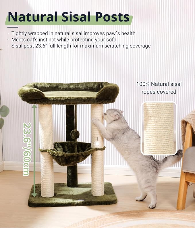 Happi N Pets 28" Cat Tree, Large Bed for Big Cats, Small Cat Tower with Soft Perch for Window Viewing, Stable Cat Tree Tower, Cat Scratching Post with Hammock, Removable Cover-Green