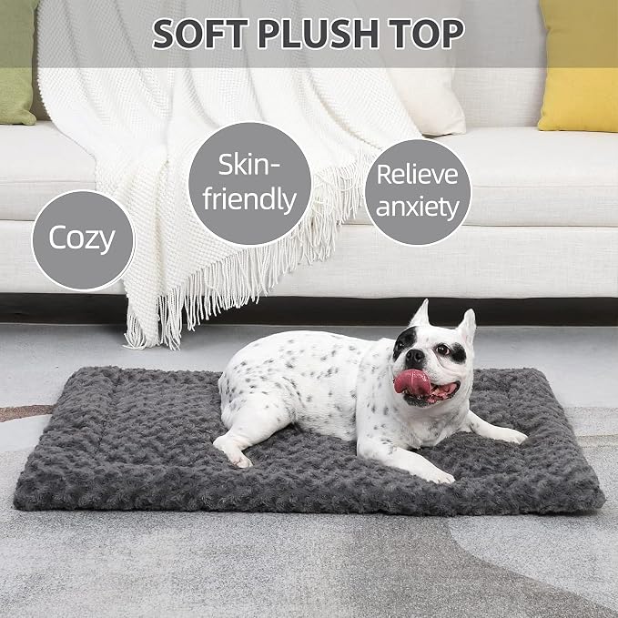 Exsnugy Washable Dog Bed Mat Large Size Fluffy Pet Crate Pad 42x28 XL | Non-Slip Bottom Kennel Beds Ultra Soft Comfy Sleeping Mattress for Large Medium Small Dogs Gray