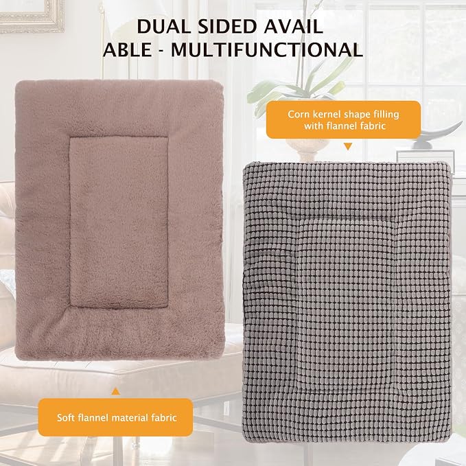 Reversible Dog Bed Mat with Plush and Corn Velvet,Soft Warm Pet Cushion, Dual Purpose Washable Sleeping Mattress Bed for Small Medium Large Dog and Cat XB004 (30"x20", Khaki)
