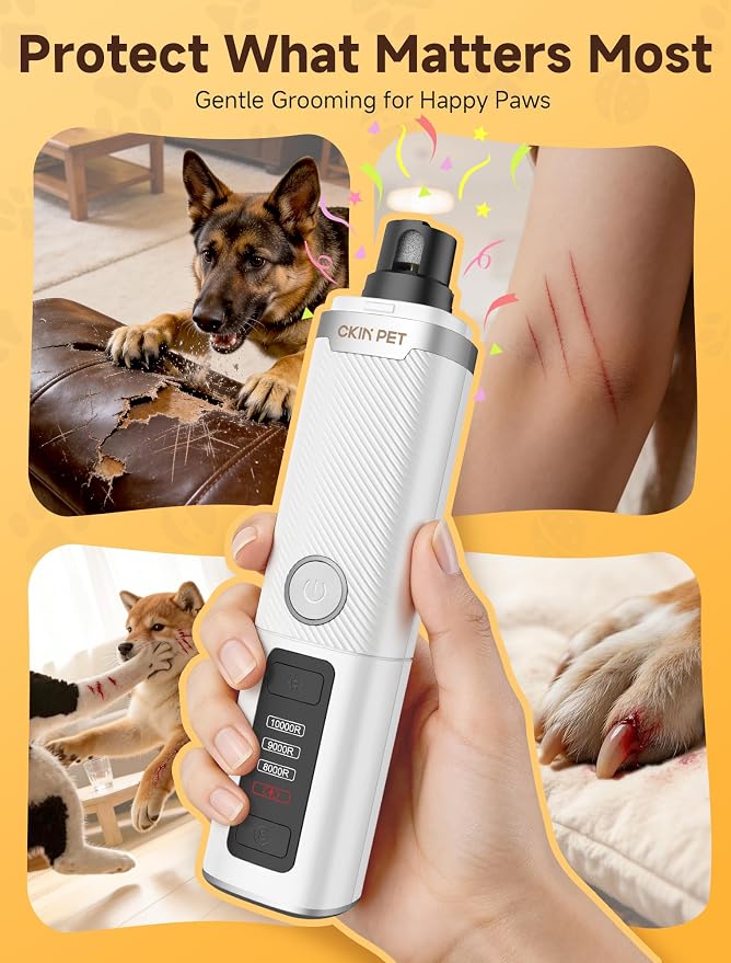 Dog Nail Grinder, Electric Dog Nail Trimmer Quiet with 2 LED Lights, 3-Speed Pet Nail Grinder for Dogs & Cats, Rechargeable 2000mAh Nail Grinder for Small Medium Large Dogs with Light, White