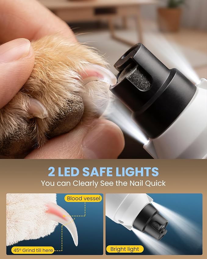 Dog Nail Grinder with New LCD Display,25dB Quiet 6-Speed Dog Nail Trimmer Avoid Anxiety,1.5H Fast Charge,2 LED Safe Lights,50% More Power - Painless Pets Nails Grinding - White