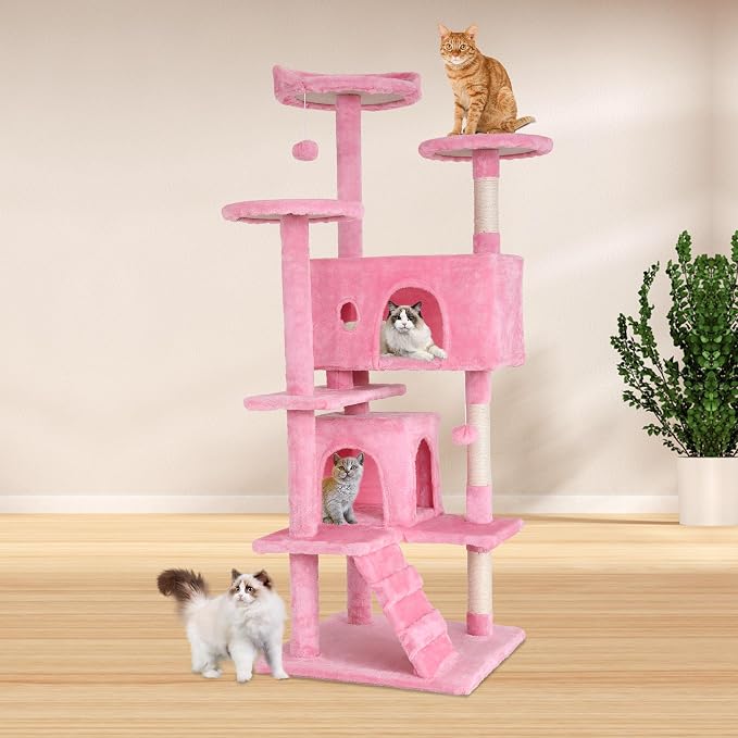 BestPet | 54" Cat Tree Tower | Pink | Sturdy Multi-Level Cat Tree | with Plush Condo, Cozy Perch, Sisal Scratching Posts, Hanging Toy and Hammock | Easy Assembly | for Kittens & Adult Cats