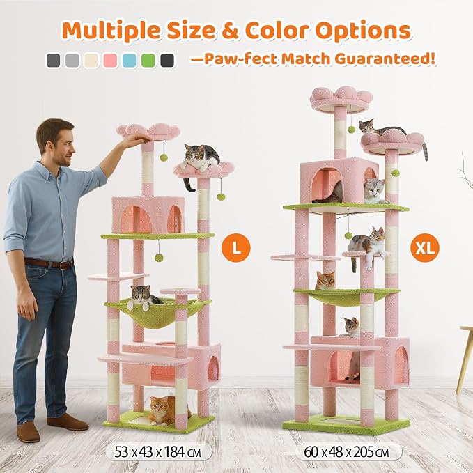 PAWZ Road 81" Flower Cat Tree Large Condo Hammock &2 Perches for Adult Cats | flower shape pink&green, 20"×16" hammock for maine cats, cute cat tower large condos,7 scratch posts & bottom scratcher