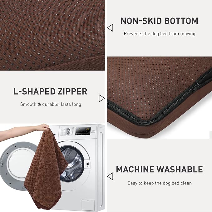 KSIIA Washable Dog Bed for Crate Waterproof for Medium Dogs,35x22 in,Brown | 3in egg crate foam,orthopedic support,Soft rose velvet,3ply waterproof fabric,removable cover,anti-slip base,washable