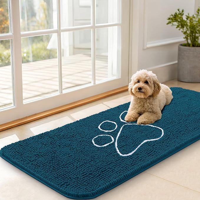 OLANLY Dog Door Mat for Muddy Paws 47x20, Paw Print Design Chenille Mud Mat | Atlantic Blue, Absorbent, Traps Moisture and Dirt, Non-Slip Washable Doormat, Quick-Dry Indoor Entryway Floor Carpet for Dogs
