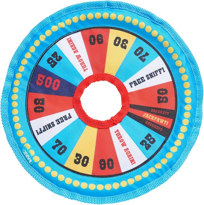 Barkbox Fetch N' Win Wheel Dog Toy | Fluff-Free Crinkle Disc with T-Shirt Rope & Reinforced Woven Binding | Fetch & Tug Toy for Dogs