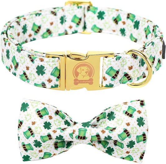 ·MR. CHUBBYFACE· St.Patrick's Clover Dog Collar with Bowtie, Green Clovers Shamrock Pattern Metal Buckle Dog Collar Adjustable Shamrock Collar for Small Medium Large Dogs