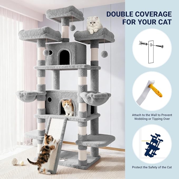 Allewie 82 Inches Large Cat Tree/House/XXL Tall Cat Towers for Big Feline/Scratching Post/Multi-Level Large Kitty Climbing Tree with Condo/Light Grey