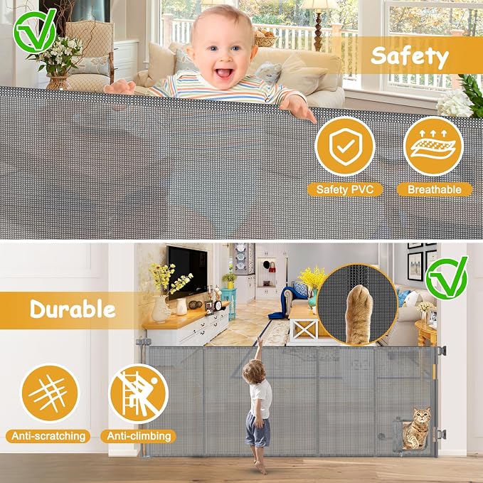 Reinforced 90” Extra Wide Retractable Dog Gate with Cat Door 33 Inch Tall Retractable Pet Gates for Wide Openings Mesh Baby Gate with Cat Door Long Gates for Kids or Pets with Reinforced Strips, Gray