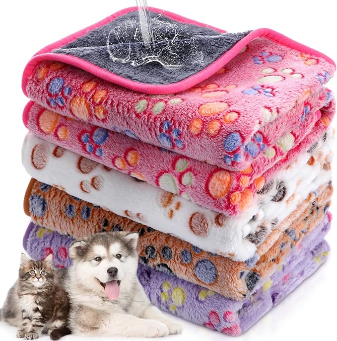 Panelee 36 x 36 Inch 4 Pcs Washable Dog Blankets Waterproof Cute Paw Print Fleece Blanket Reusable Puppy Blankets for Small Medium Pet Cat Whelping Warm Soft Mat Guinea Pig Cage Liners