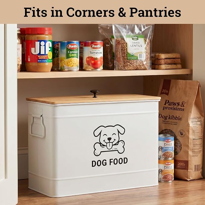 Metal Dog Food Container 15-20 lbs w/ Airtight Bamboo Lid, 70 Cup Capacity | Pet Jar For Dogs up to 100lbs, Airtight Bamboo Lid, Sturdy Comfortable Metal Handle, Powder Coated Iron, Kibble Storage Bin