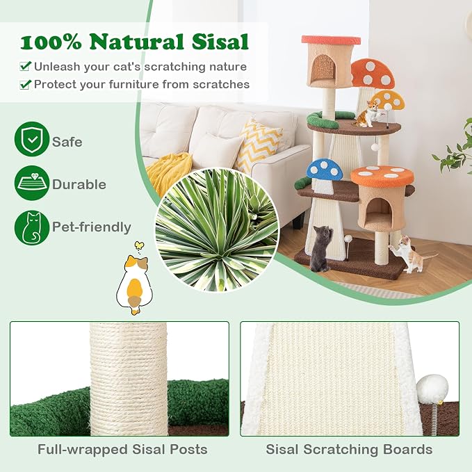 PETSITE Mushroom Cat Tree, 57.5 Inches Tall Multi-Level Cat Tower with Natural Sisal Scratching Posts & Boards, Cat Condo and Teasing Spring Ball, Cute Cat Tree Tower for Indoor Cats Large Adult