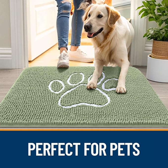 OLANLY Dog Door Mat for Muddy Paws 59x20, Paw Print Design Chenille Mud Mat | Sage Green, Absorbent, Traps Moisture and Dirt, Non-Slip Washable Doormat, Quick-Drying Indoor Entryway Floor Carpet for Dogs