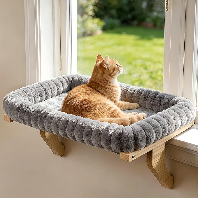 Zoratoo Cloud-Cuddle Cat Perch for Window Sill with Zipper Cushion, L Gray | 24.4’’x18’’, Removable for Machine Wash, Fluffy Plush Bolster, Sturdy Metal Frame for Large Cats up to 40lbs, Easy to Adjust
