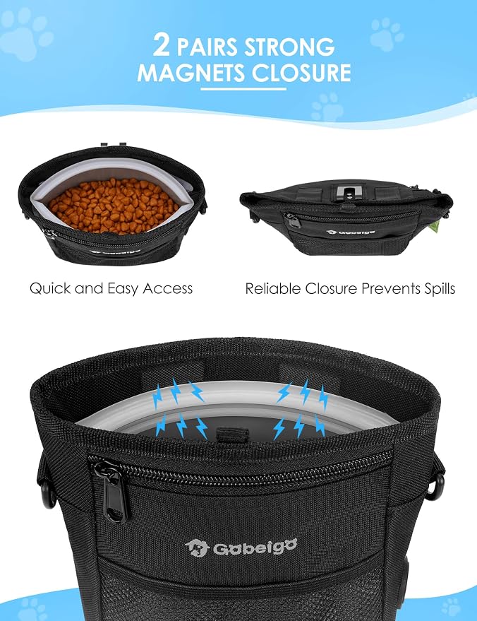 4 Cup Dog Treat Pouch with Silicone Insert Bag& Clicker(Black) | 2 Pair Magnetic Closures, Belt Clip/Waist Belt/Crossbody Wear, Zipper Pocket Poop Bag Holder for Pet Training/Daily Walking
