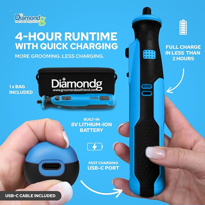 Diamondg Cordless Dog Nail Grinder - Quiet Sound with LED Light, Blue | 5-Speed Rechargeable Pet Nail Trimmer for Small & Large Dogs, USB-C Charging, 4hrs. Runtime, Painless, 2 Bits Included