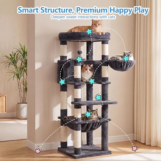 Heybly 53.1" Corner Cat Tree for Large Cats – Interactive Play HCT029G | Sturdy Cat Tower with Cozy Cat Condo, Fan-Shaped Top Perch, Basket, Hammock & Solid Base, Smoky Gray