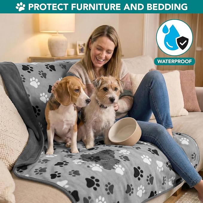 PetAmi Waterproof Dog Blanket for Couch, Pee Proof Reversible Cat Blanket for Sofa Bed Furniture Protector, Soft Fleece Washable Pet Throw for Dogs Cats Puppies Kittens, 40x60 Paw Print Gray